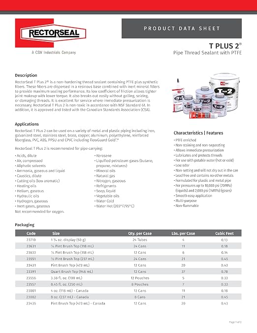 Rectorseal 23631 1/4 Pint Brush Top T Plus 2 Pipe Thread Sealant - Image 2