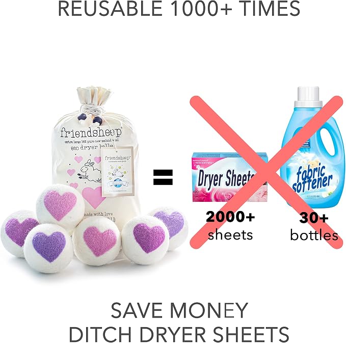 Friendsheep Organic Wool Dryer Balls Pink Purple Hearts 6 Pack XL Premium - Image 3