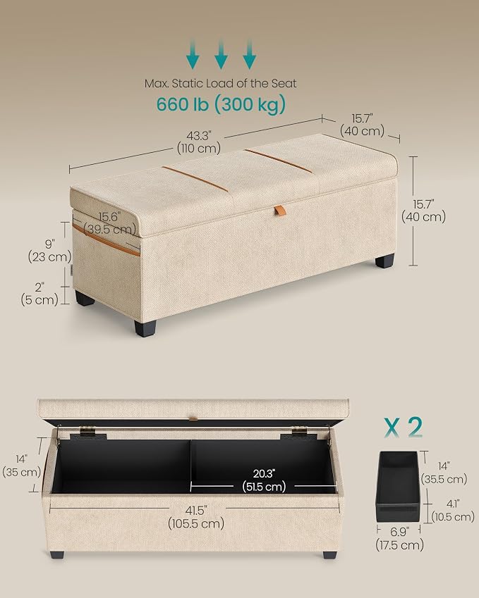 SONGMICS Storage Ottoman Bench, Storage Chest, 15.7 x 43.3 x 15.7 Inches - Image 3