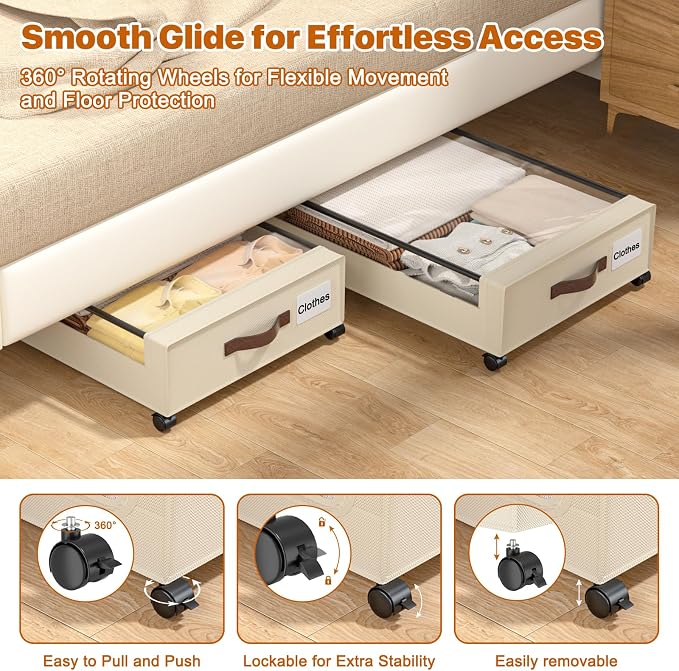Under Bed Storage with Wheels, XXL 60L Under Bed Storage Containers with Clear - Image 4