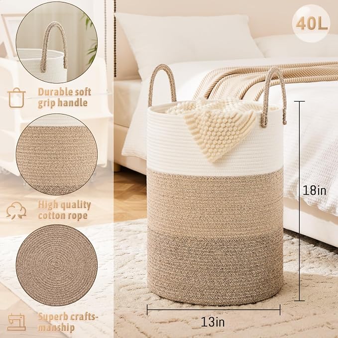 Laundry Basket, Woven Cotton Rope Laundry Hamper, 40L - Image 6