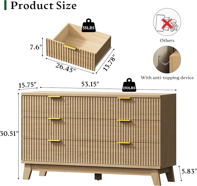 Fluted Dresser with 6 Drawers, Wooden Dresser TV Stand, Wood Closet Clothes - Image 2