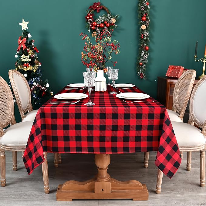 Red Waterproof Plaid Christmas Tablecloth Fabric - Image 4