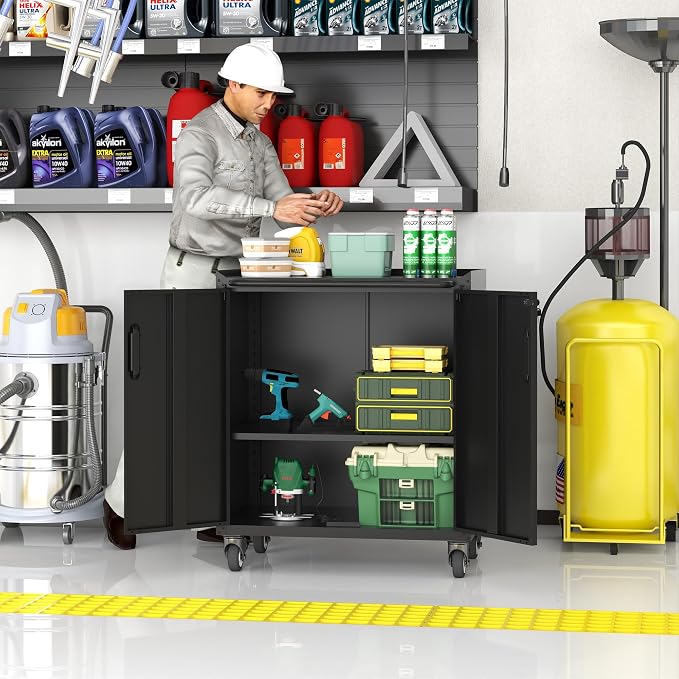 Metal Storage Cabinet with Wheels, Lockable Garage Cabinet with Doors and - Image 5