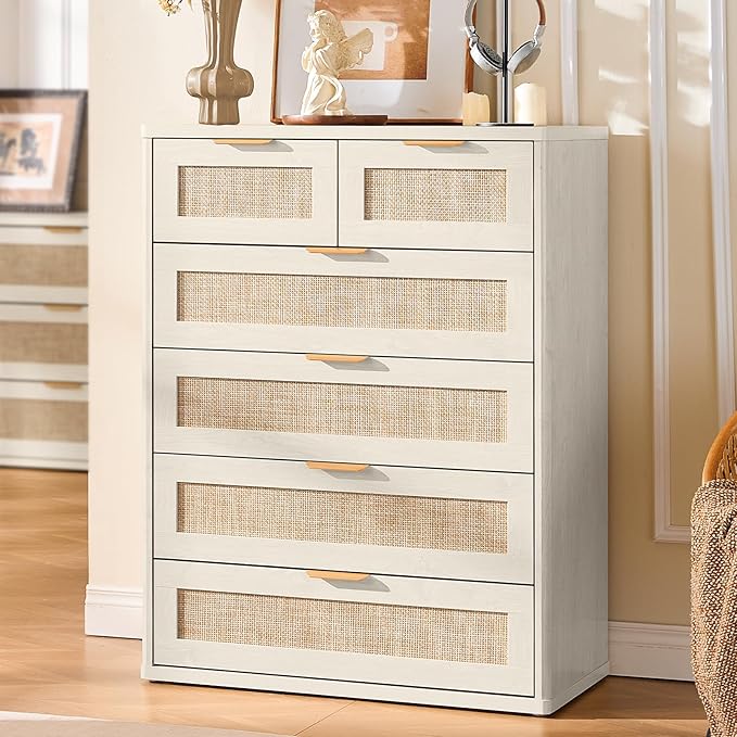 LEYAOYAO White Dresser for Bedroom, Modern 6 Drawers Boho Rattan Dressers - Image 6