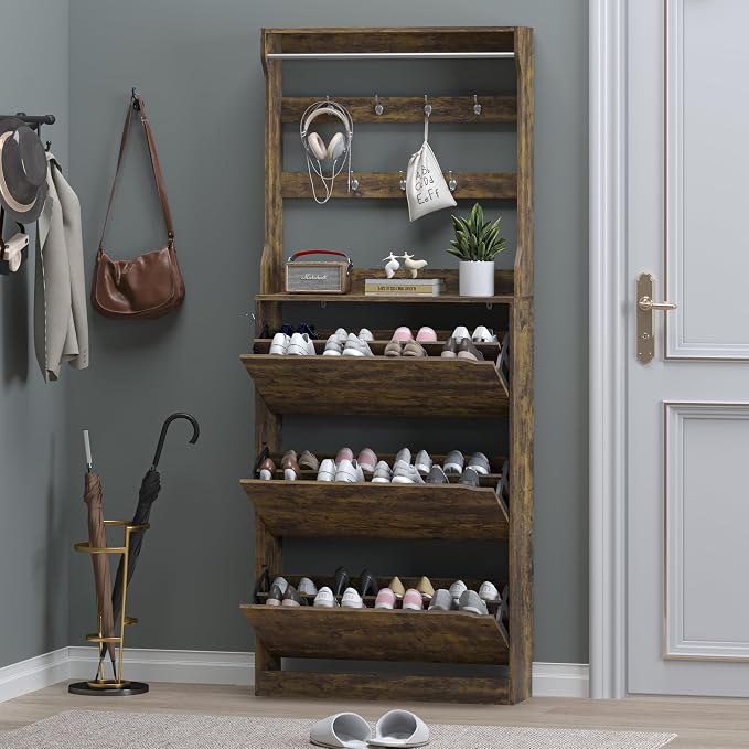 Shoe Cabinet with 3 Flip Drawers & Coat Rack, Narrow Hidden Shoe Storage Cabinet - Image 7
