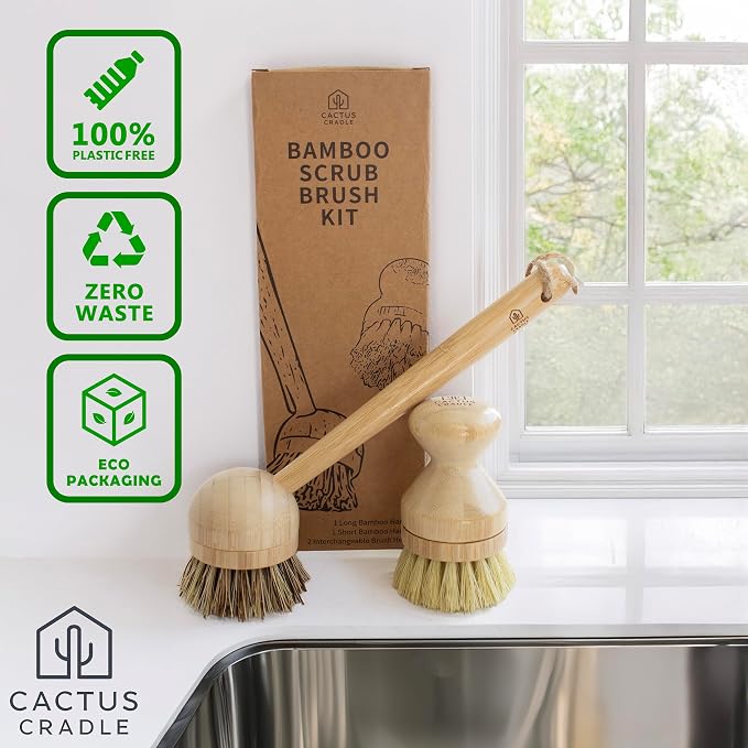 Cactus Cradle Bamboo Scrub Brush Kit – 4-Piece Dish Brush Set - Image 3