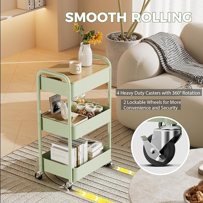 3 Tier Rolling Cart with Table top, Metal Rolling Utility Cart, Sturdy Storage - Image 5
