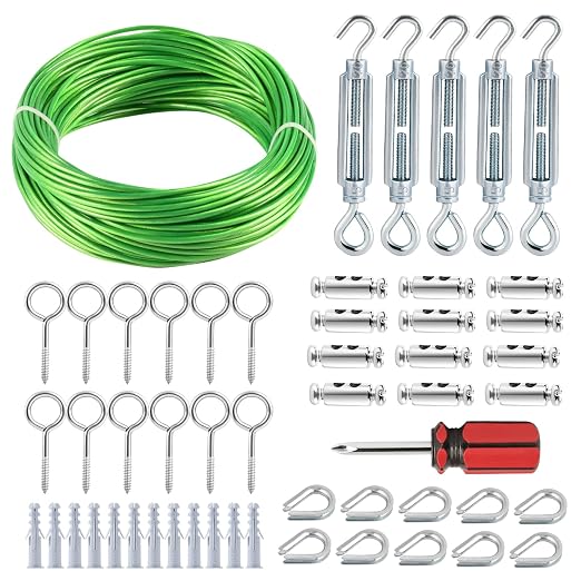 Turnbuckles for Cables Wire, 1/8" X 100Ft Green PVC Coated Wire Rope Kit by hannger