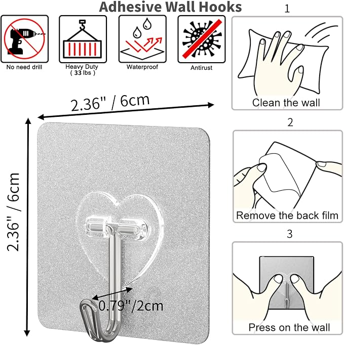 DGYB 20 Pcs Adhesive Hooks for Hanging 22lb Self Adhesive Wall Hooks Heavy Duty - Image 6