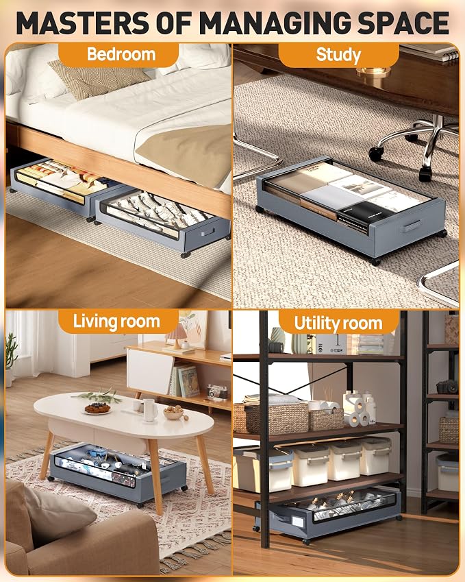 Under Bed Storage With Wheels, 2 Pack Square Containers, 60L Bins, Rolling - Image 5