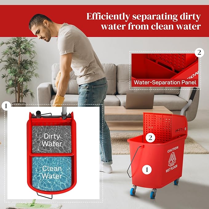 HOMCOM Compact Mop Bucket with Wringer on Wheels - Image 4