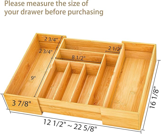 BAMEOS 3.9inch Tall Bamboo Drawer Organizer, Expandable Utensil Holder - Image 3