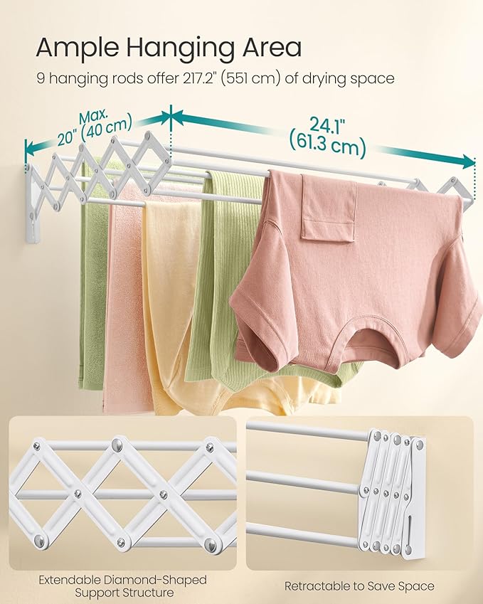 SONGMICS Clothes Drying Rack, Wall-Mounted Drying Rack Clothing, Accordion - Image 3