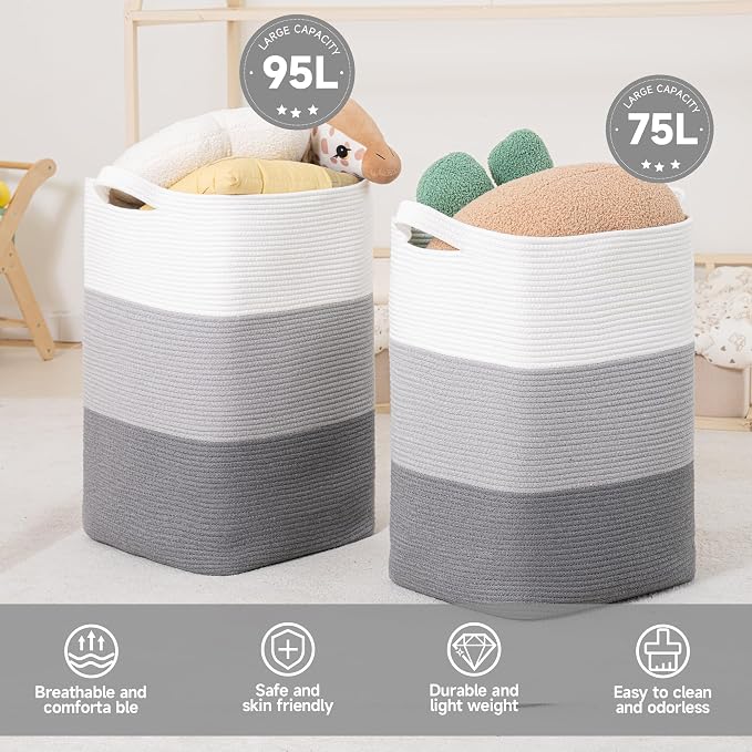 CLHMILY&Z 95L Laundry Basket Rectangular Grey Rope - Image 5
