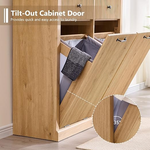 Modern Double Tilt-Out Trash Cabinet, 20 Gallon Fluted Laundry Hamper Cabinet - Image 6