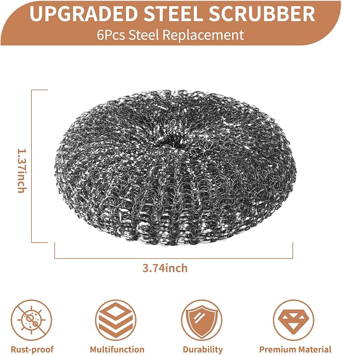 6PCS Steel Wool Scrubber Wire Sponge Set, Barbecue Grill Cleaning Scrubber Pads - Image 2