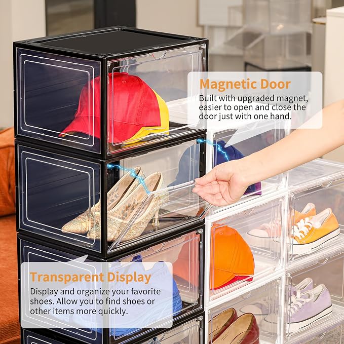 12 Pack Black Shoe Boxes Stackable, Large Shoe Storage Organizer - Image 7