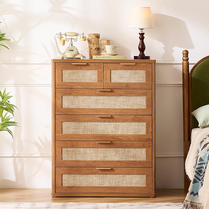 LEYAOYAO Rattan Dresser for Bedroom, Modern 6 Drawers Boho Dressers - Image 6