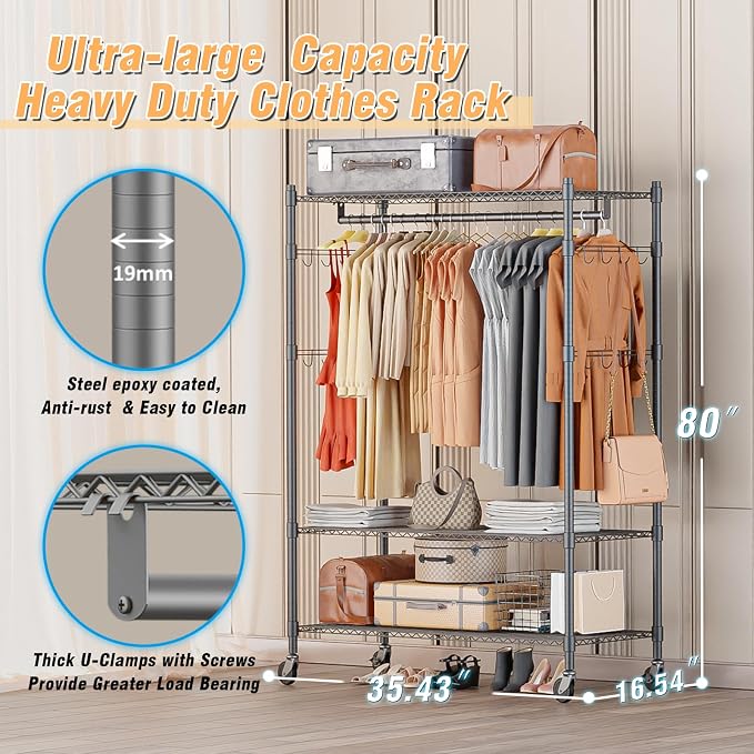 Homdox Heavy Duty Rolling Clothing Rack, Adjustable Garment Rack - Image 3