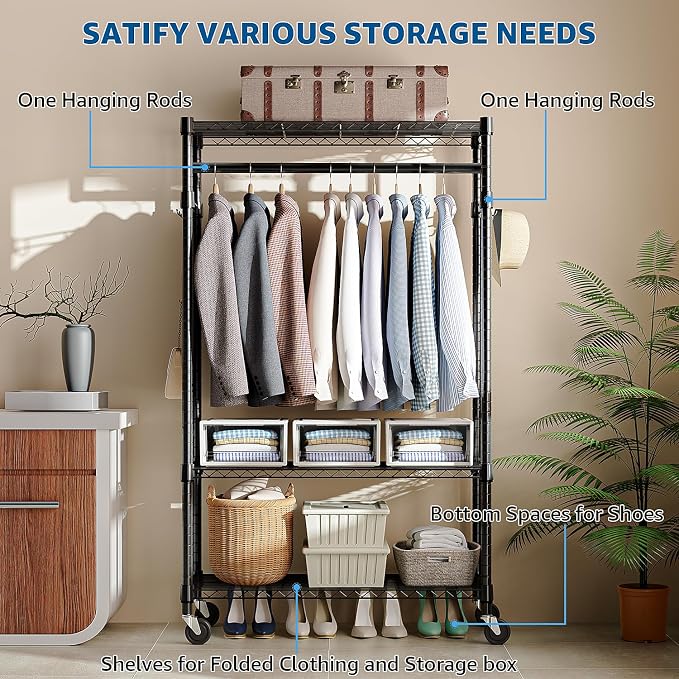 Heavy Duty Rolling Garment Rack 3 Tiers Adjustable Wire Shelving Clothes Rack - Image 4