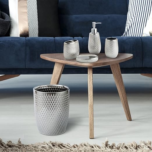 Modern Round Silver Small Trash Can Wastebasket, Garbage Container Bin - Image 7