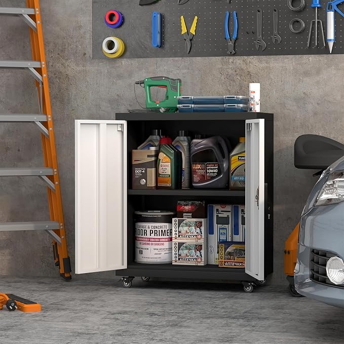 Metal Storage Cabinet with Wheels, Steel Mobile Garage Cabinets with Lockable - Image 2
