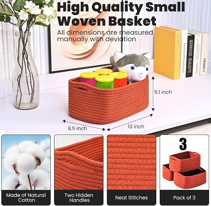 Small Red Woven Baskets for Organizing, Basket for Gifts Empty, Cotton Rope - Image 3