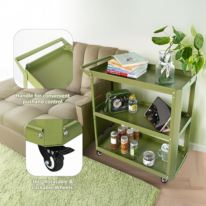 3 Tier Rolling Tool Cart with Lockable Silent Wheels, 330 LBS Capacity - Image 3
