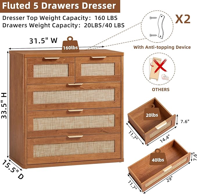 LEYAOYAO Rattan Dresser for Bedroom, 33.5" Tall Chest of Drawers, Modern 5 - Image 3