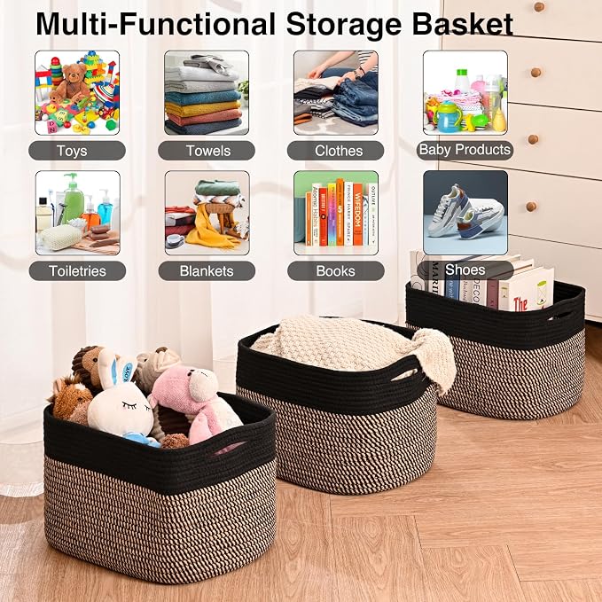 Storage Baskets for Organizing Shelves, Toy Basket for Kid's Room, Woven Cotton - Image 4