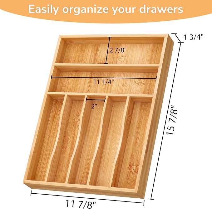 BAMEOS Bamboo Silverware Drawer Organizers, 11.9 inch Utensil Drawer Organizer - Image 3