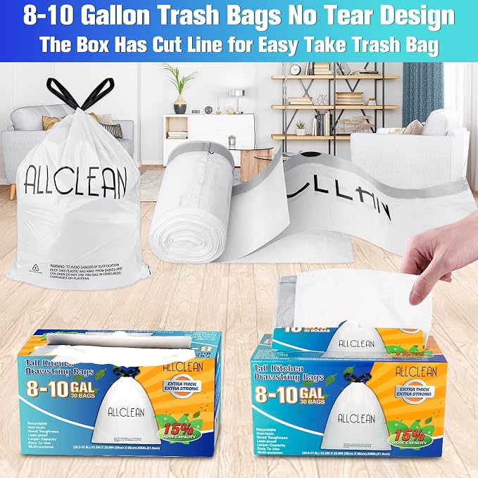 Trash Bags 10 Gallon Medium Kitchen Drawstring Bathroom Garbage Bags, Fit 8-10 - Image 7