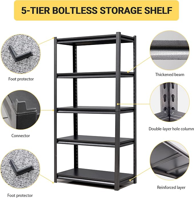Heavy Duty Garage Shelving, Metal Storage Shelves, Adjustable 5 Tier Metal - Image 5