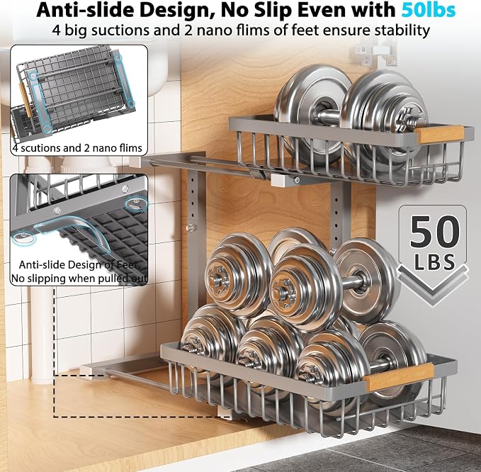 Under Sink Organizer Storage 2 Pack, 2 Tier Slide Out Height Adjustable Pull - Image 3