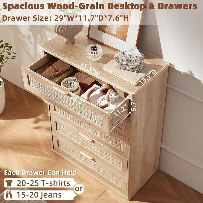LEYAOYAO Rattan Dresser for Bedroom, Modern 5 Drawers Boho Dressers - Image 5