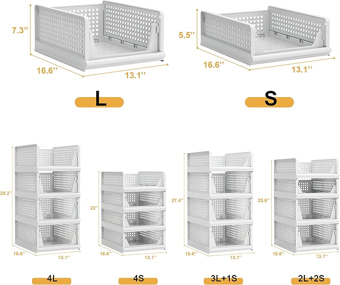 Proarea 4 Pack Stackable Plastic Storage Basket Closet Organizer Bin Foldable - Image 3