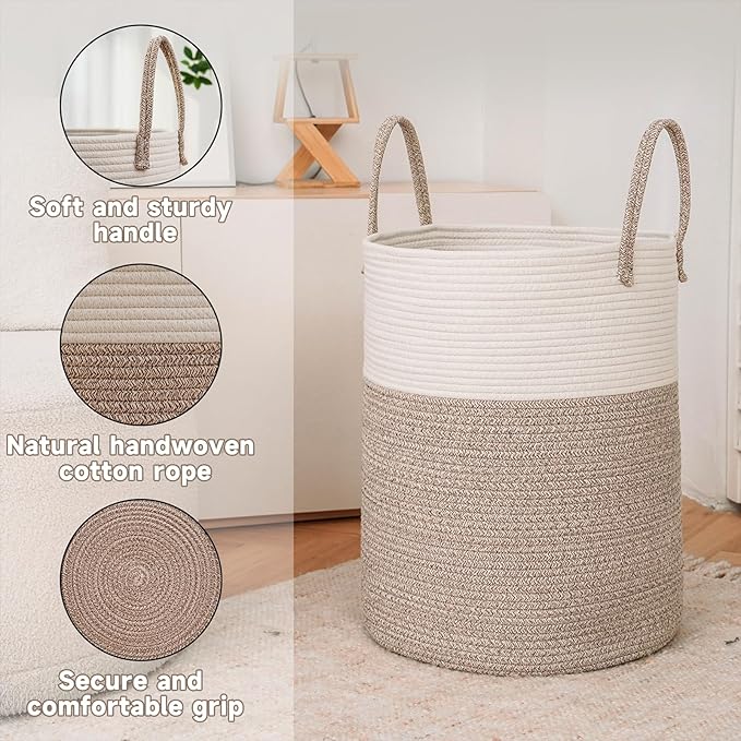 Large Woven Laundry Basket Hamper, 80L Cotton Rope Storage Bin - Image 6