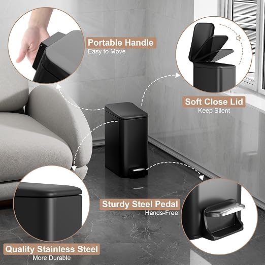 Small Trash Can with Lid Soft-Close, 6 L/1.6 Gal Bathroom Garbage Can with - Image 6
