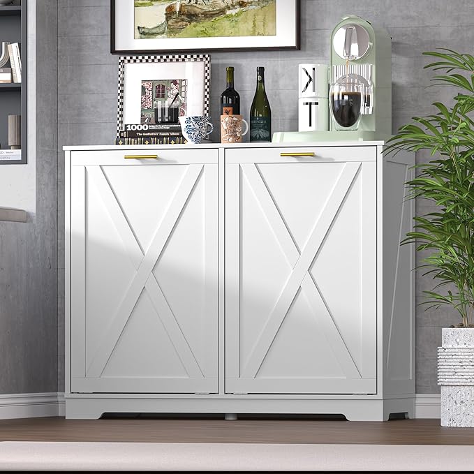 Tilt Out Trash Can Cabinet for 2 Bins, Hidden Recycle Garbage Bin Enclosure - Image 3