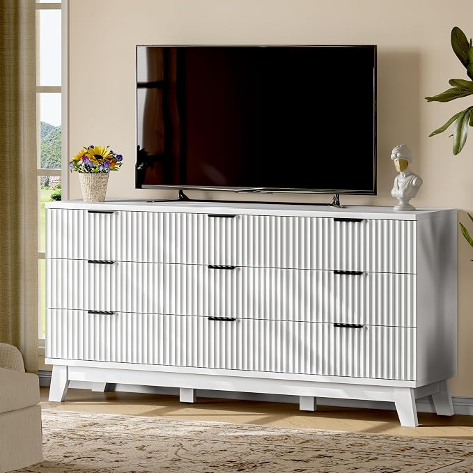 Fluted Dresser with 9 Drawers, Wooden Dresser TV Stand, Wood Closet Clothes - Image 7