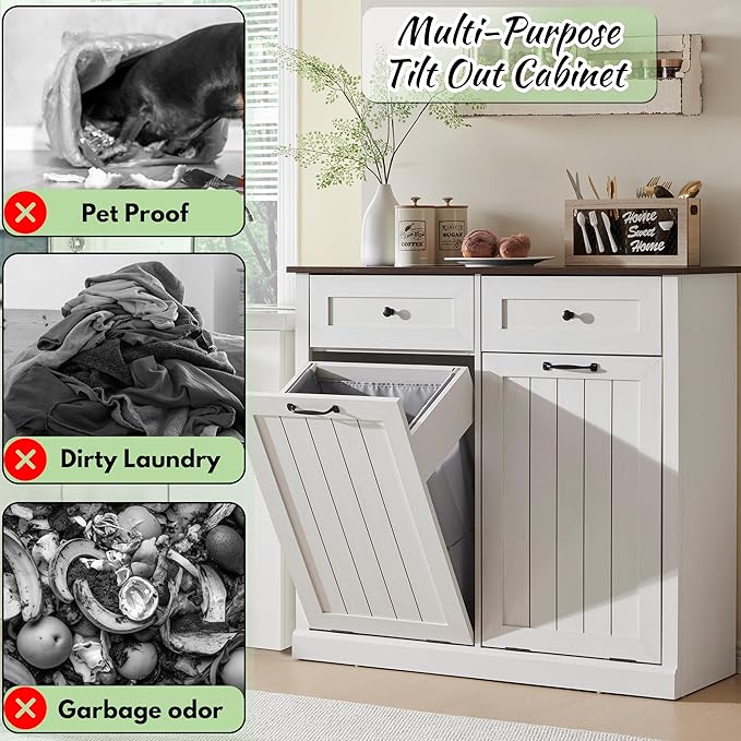 Double Tilt Out Laundry Hamper Cabinet, 20 Gallon Farmhouse Trash Can Cabinet - Image 4