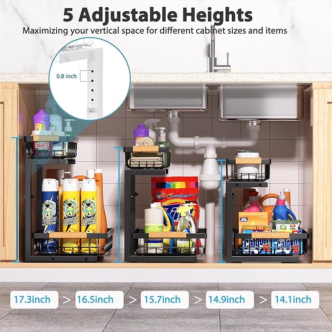 Under Sink Organizer Storage 2 Pack, 2 Tier Slide Out Height Adjustable Pull - Image 3