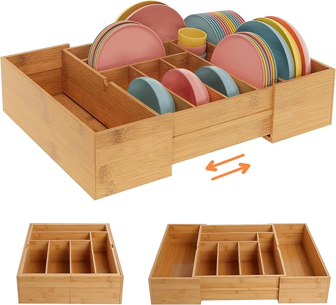 BAMEOS 3.9inch Tall Bamboo Drawer Organizer, Expandable Utensil Holder by BAMEOS