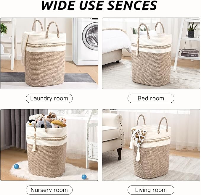 Woven Laundry Basket for Clothes, 65L Large Rectangle Laundry Hampers, Nursery - Image 7