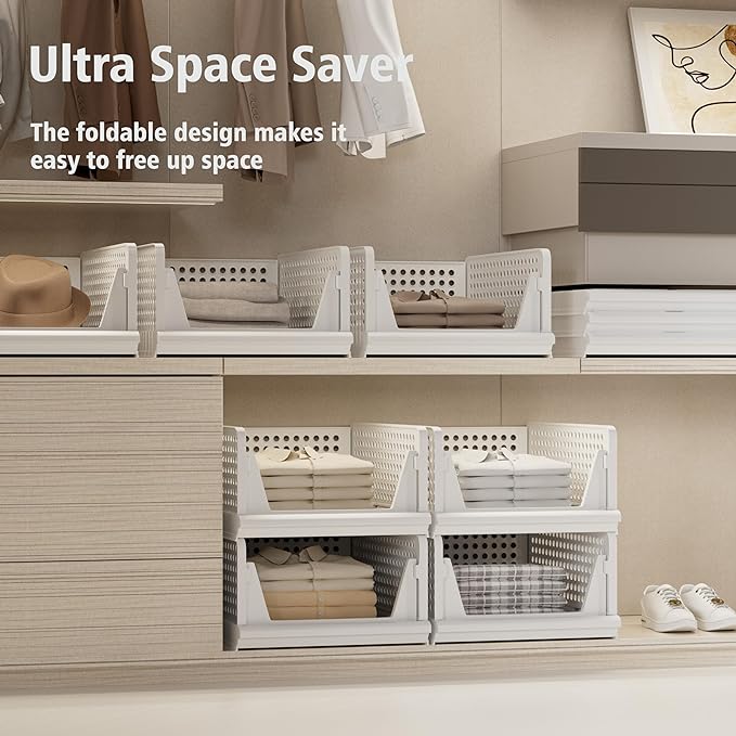 Proarea 4 Pack Stackable Plastic Storage Basket Closet Organizer Bin Foldable - Image 4