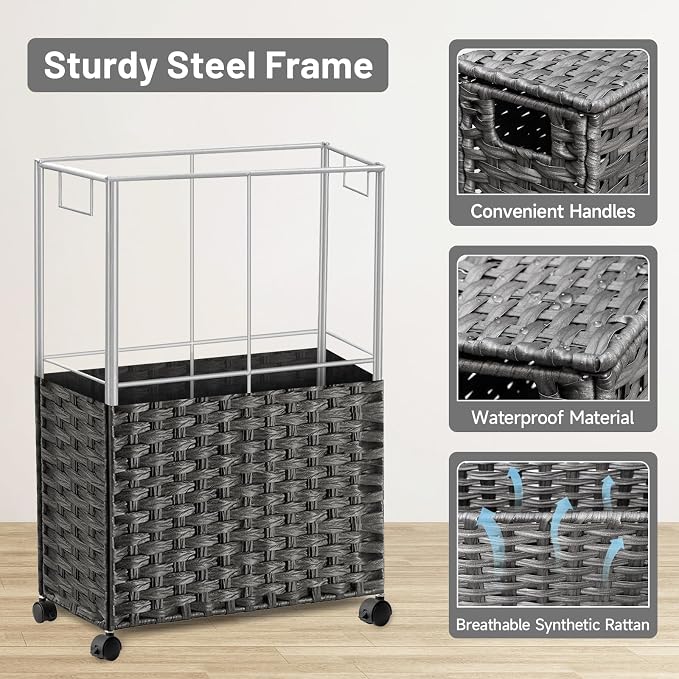 70L Slim Laundry Hamper with Lid & Wheels, Rolling Laundry Basket with 2 - Image 7
