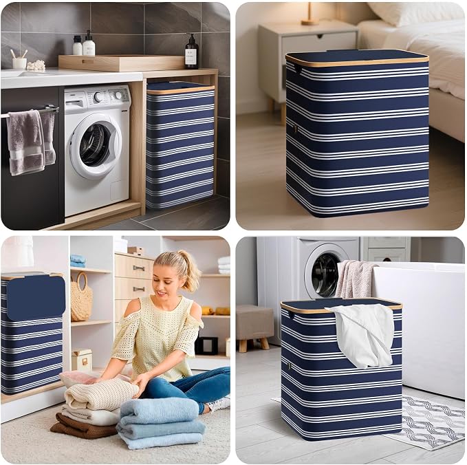 BALEINE Laundry Hamper with Lid, Tall Laundry Baskets with Bamboo Pull Handles - Image 9