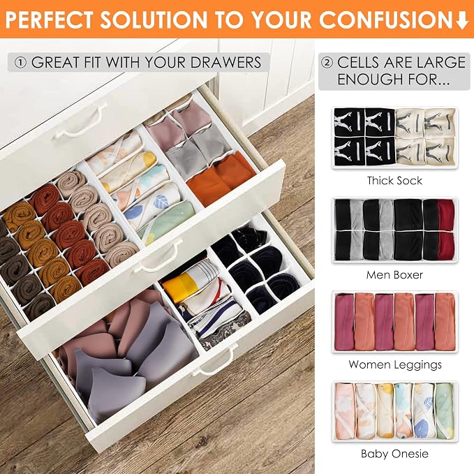 6 Pack Sock Underwear Drawer Organizer Dividers, 58 Cell Foldable Fabric - Image 3