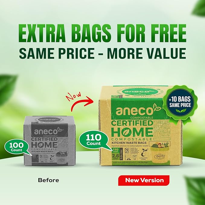 ANECO 100% Compostable Waste Bags 2.6 Gallon, Extra Thick Kitchen Small Compost - Image 2